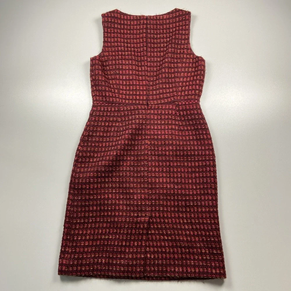 Tory Burch Victory Sheath Sleeveless Dress Sz 8 Red Plaid Wool Blend Lined Tweed
